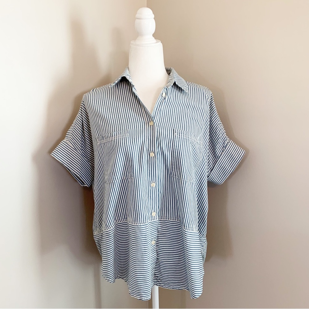 Madewell Central Shirt Blue White Stripe Boxy Short Sleeve Button Up Medium